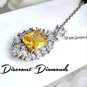Yellow Citrine & White Diamond Pendant Necklace 14K White Gold on 925